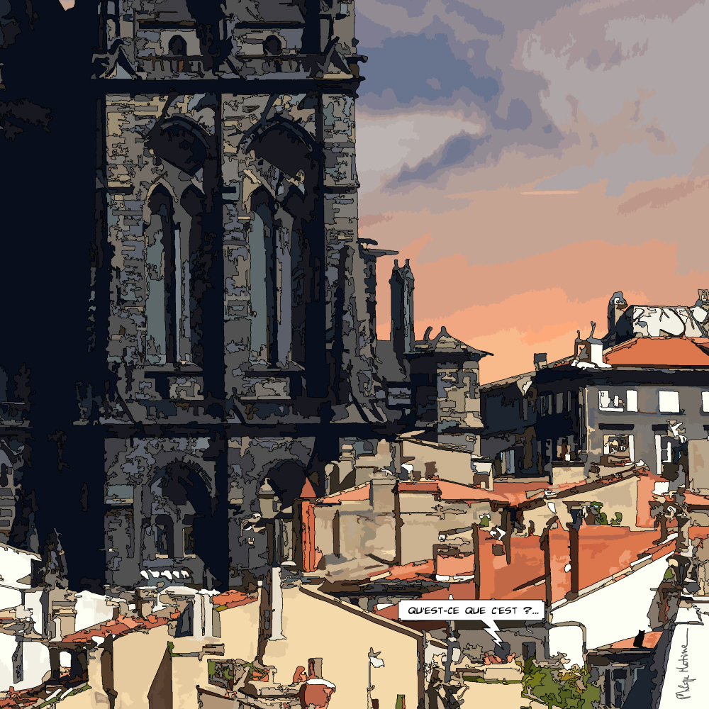 Cathédrale de Clermont-Ferrand coucher de soleil — art Ligne Claire Auvergne — Philippe Matine