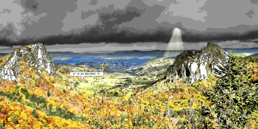 Orage sur les volcans d'Auvergne — art Ligne Claire Auvergne — Philippe Matine