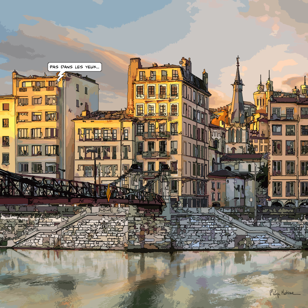 Quai Saint-Vincent Lyon vue en longueur — art Ligne Claire Lyon — Philippe Matine