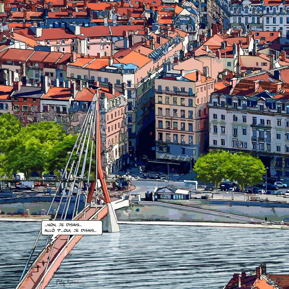 Quais de Lyon et leurs façades colorées — art Ligne Claire Lyon — Philippe Matine