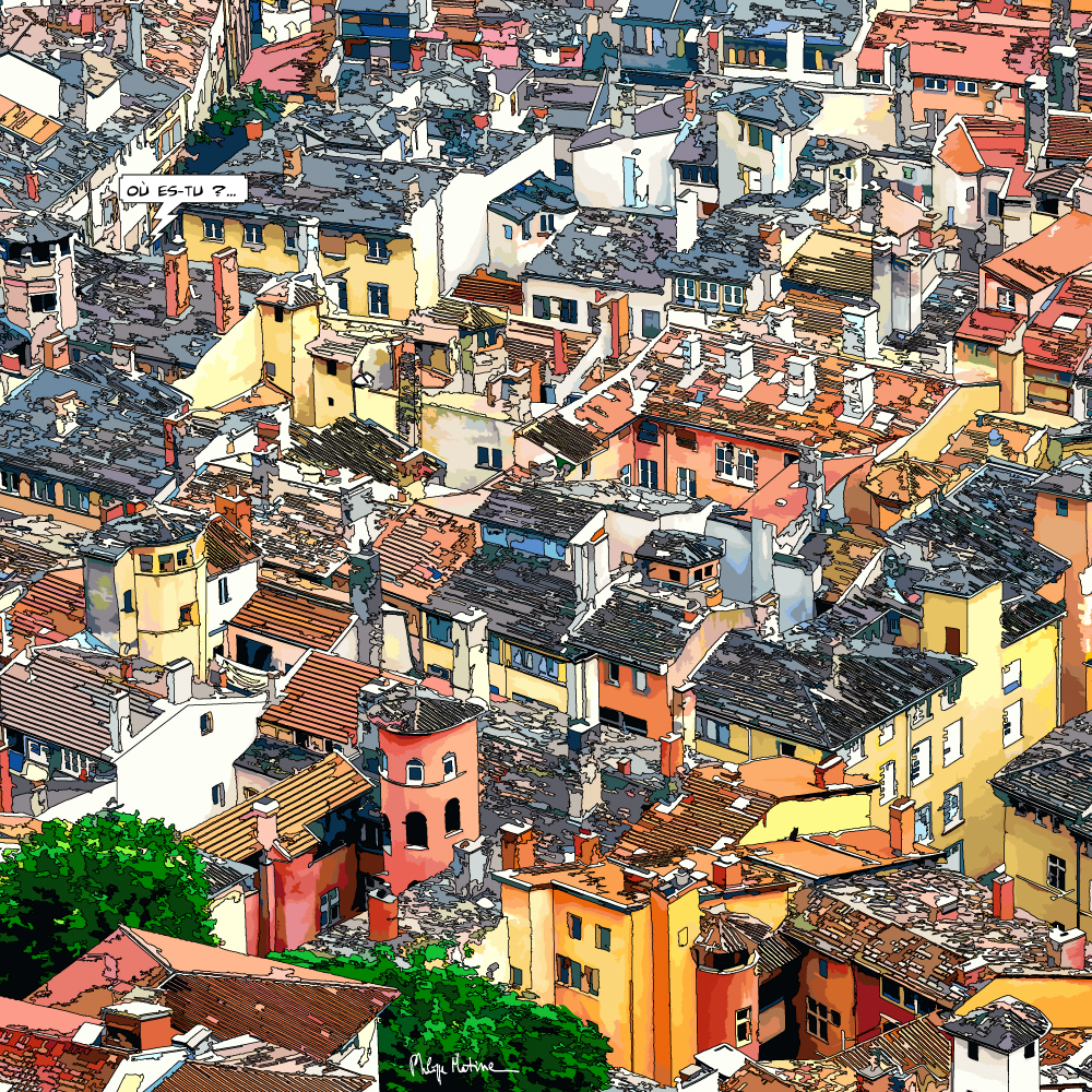 Vue aérienne du cœur de Lyon toits et façades — art Ligne Claire Lyon — Philippe Matine