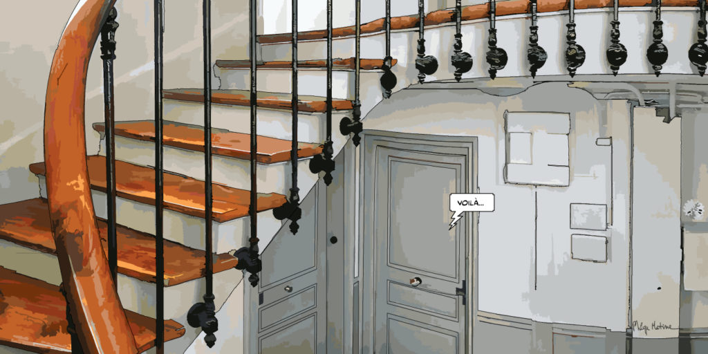 Escalier gris d'un immeuble haussmannien parisien — art Ligne Claire Paris — Philippe Matine