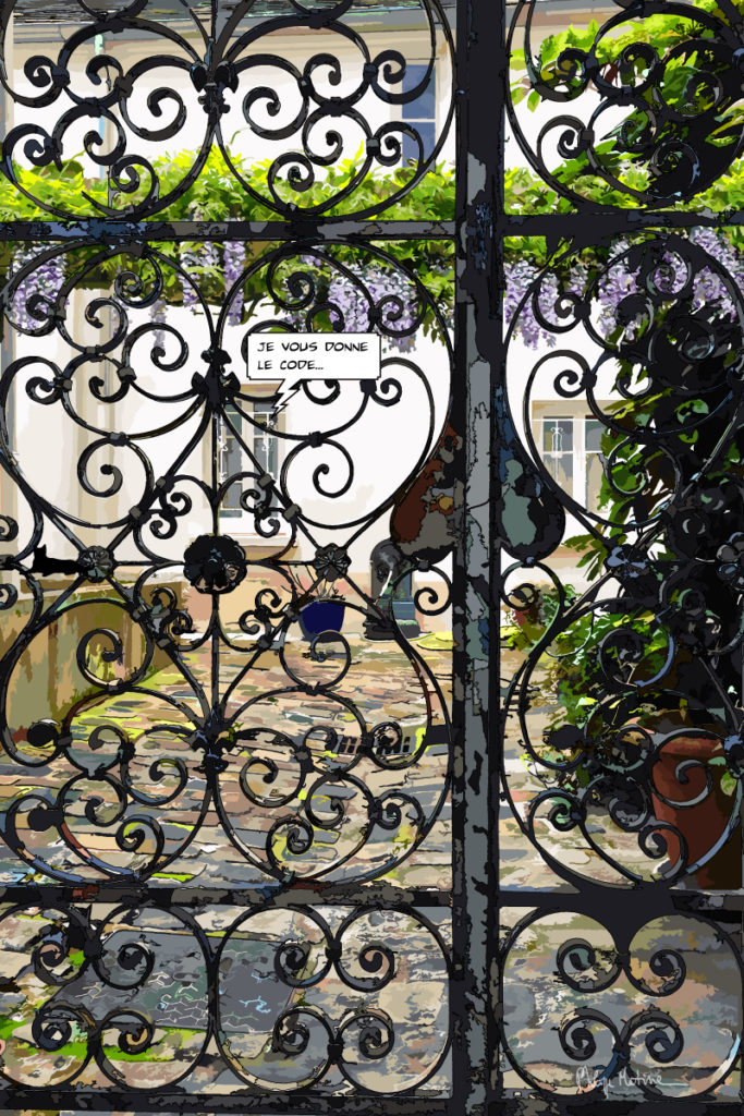 Jardin secret parisien avec grille en fer forgé — art Ligne Claire Paris — Philippe Matine