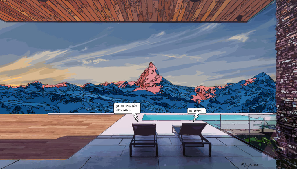 Piscine à débordement face aux sommets enneigés — art Ligne Claire Montagne — Philippe Matine
