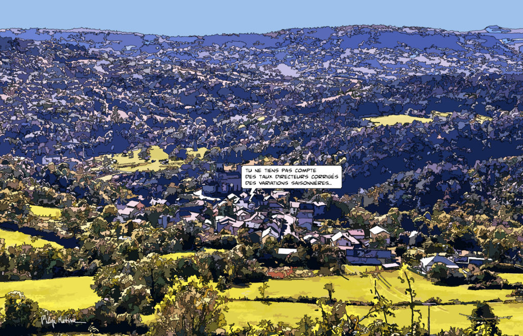 Village auvergnat et volcans vus du ciel — art Ligne Claire Auvergne — Philippe Matine