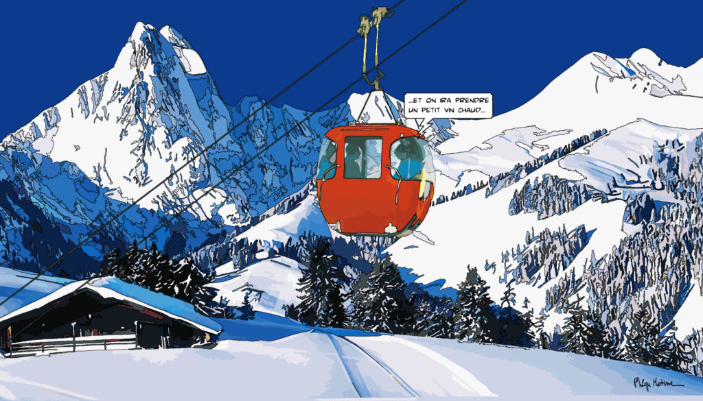 Télécabine rouge en montagne hiver — art Ligne Claire Montagne — Philippe Matine