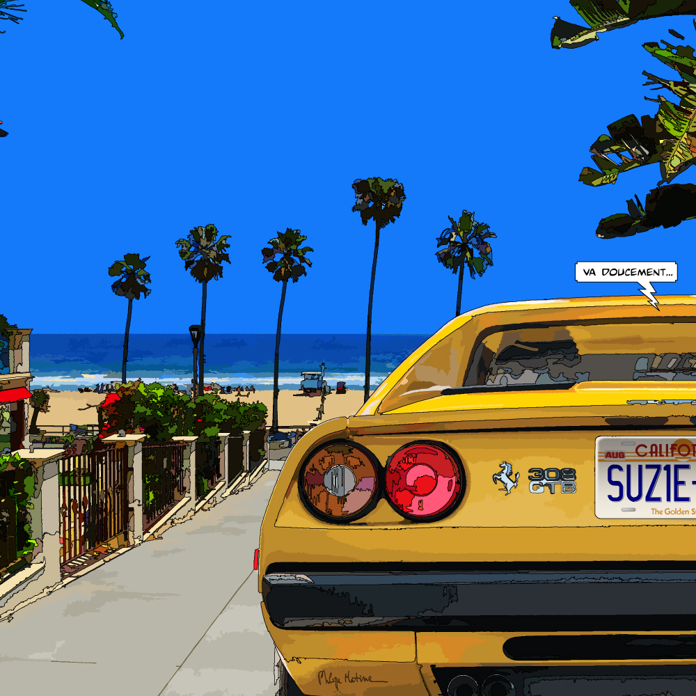 Ferrari Venice Beach bord de plage — art Ligne Claire Motors — Philippe Matine