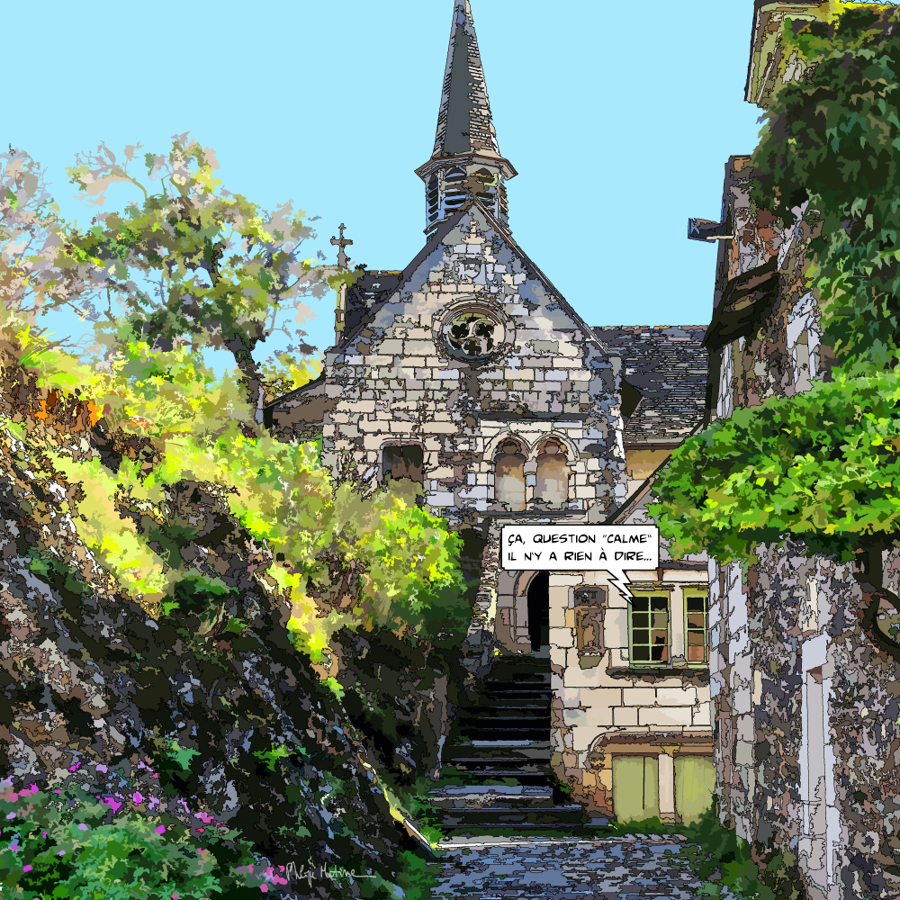 Église de Béhuard sur son rocher Anjou — art Ligne Claire Angers — Philippe Matine