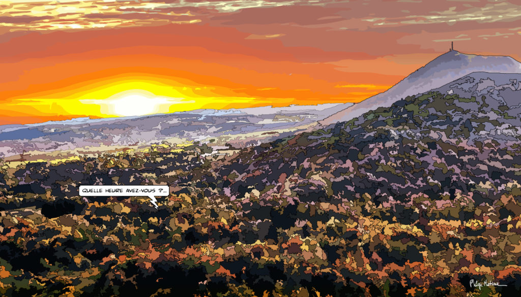 Coucher de soleil sur les volcans d'Auvergne — art Ligne Claire Auvergne — Philippe Matine