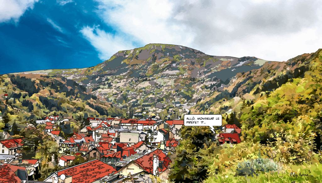 Village auvergnat et Puy-de-Dôme — art Ligne Claire Auvergne — Philippe Matine