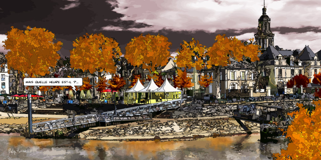 Cafés du port Angers bords de Maine — art Ligne Claire Angers — Philippe Matine