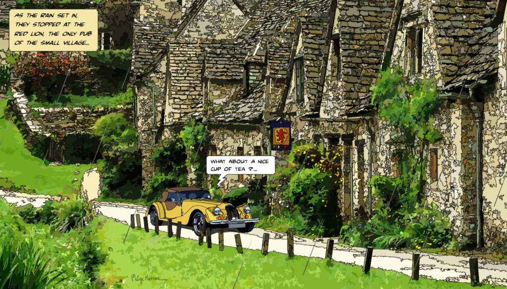 Village anglais typique tasse de thé — art Ligne Claire London — Philippe Matine