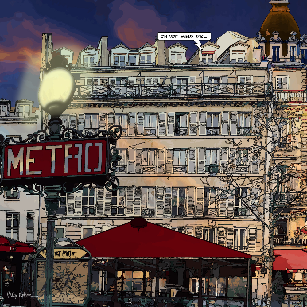 Rue Saint-André-des-Arts Paris scène de quartier — art Ligne Claire Paris — Philippe Matine