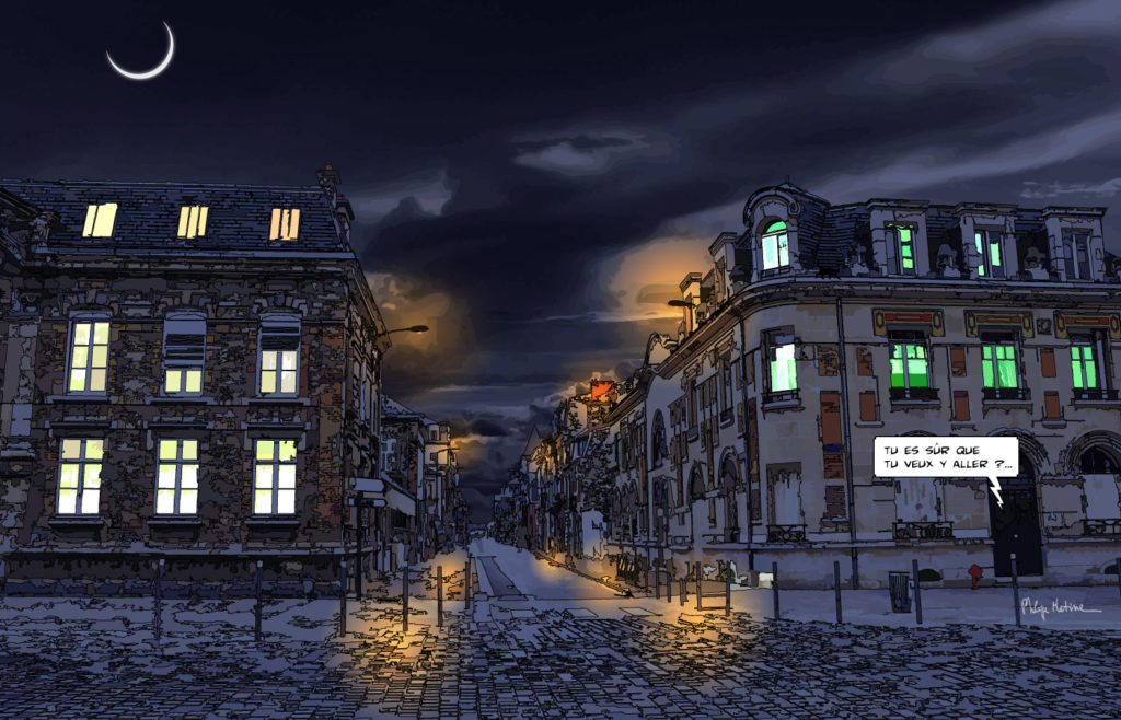 Rue de Reims nuit dramatique — art Ligne Claire Reims — Philippe Matine