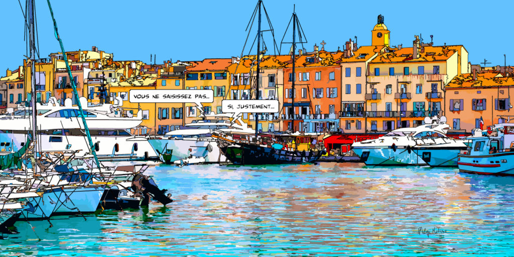 Port de Saint-Tropez bateaux colorés — art Ligne Claire Marseille — Philippe Matine