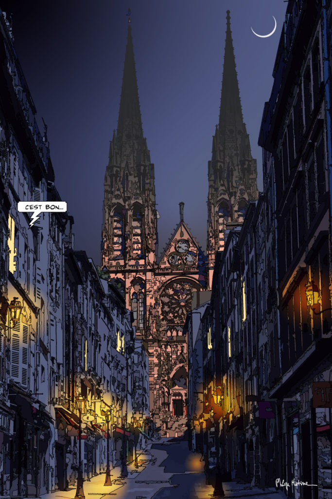 Rue des Gras, Clermont-Ferrand cathédrale en fond — art Ligne Claire Auvergne — Philippe Matine