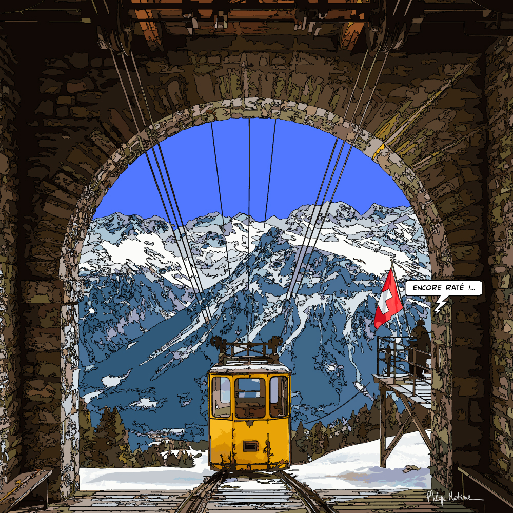 Téléphérique en montagne vue depuis la gare d'altitude — art Ligne Claire Montagne — Philippe Matine