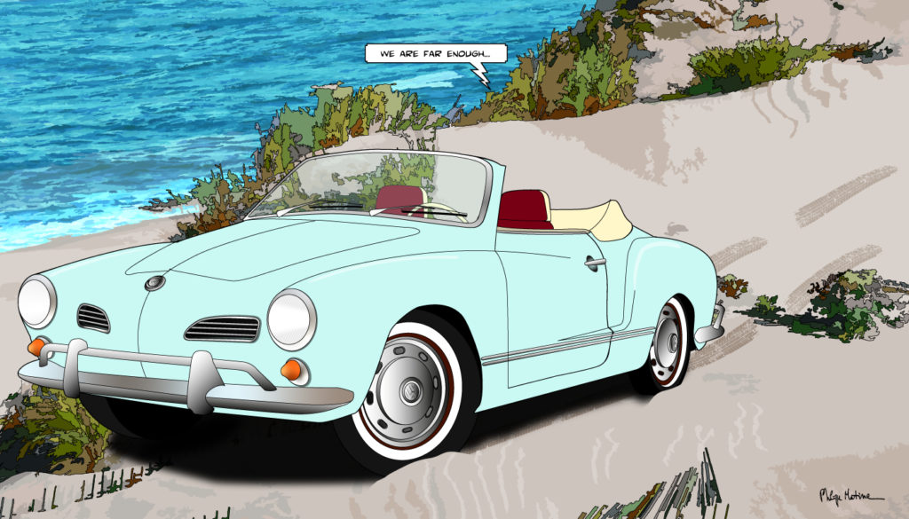 Volkswagen Karmann Ghia bleue plage — art Ligne Claire Motors — Philippe Matine