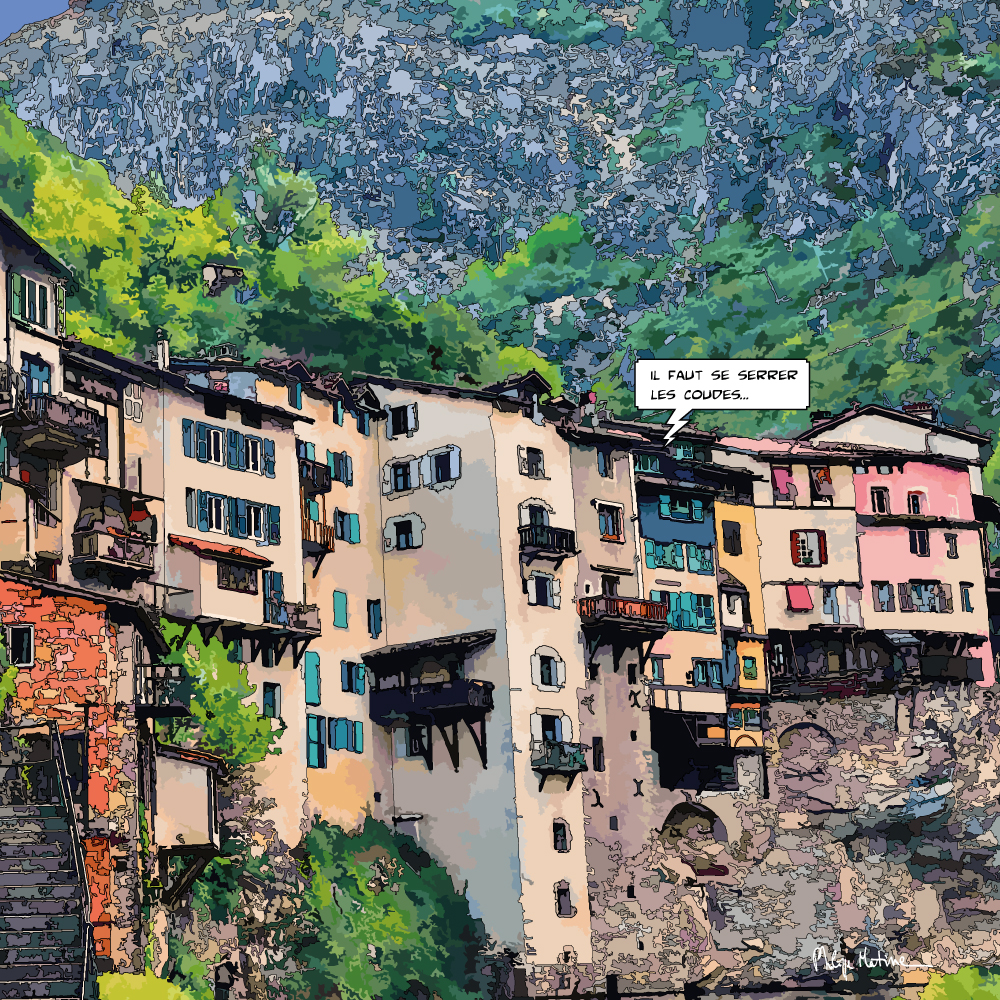 Village de Pont-en-Royans maisons sur falaise — art Ligne Claire Montagne — Philippe Matine