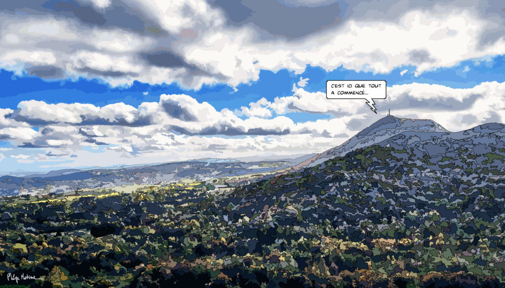 Paysage auvergnat Puy de Dôme, nuages et vallée — art Ligne Claire Auvergne — Philippe Matine
