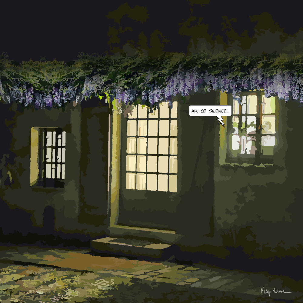 Maison percheronne au printemps de nuit— art Ligne Claire Le Perche — Philippe Matine