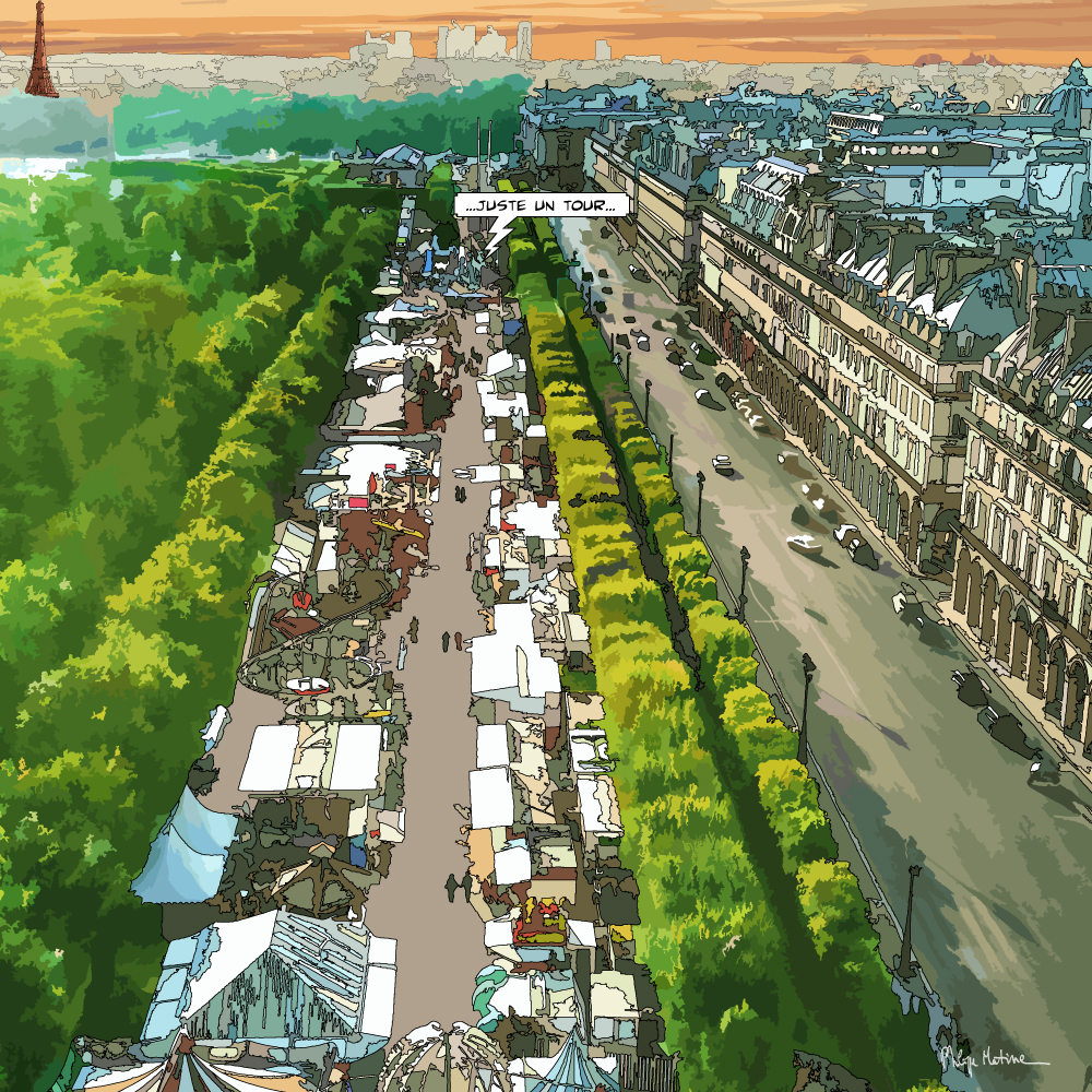 Vue aérienne des jardins parisiens — art Ligne Claire Paris — Philippe Matine