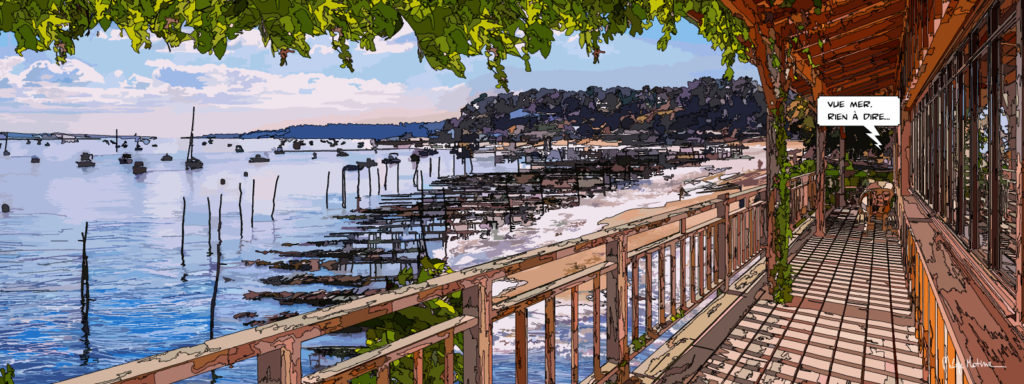 Vue sur le Bassin d'Arcachon depuis la terrasse — art Ligne Claire Bordeaux — Philippe Matine