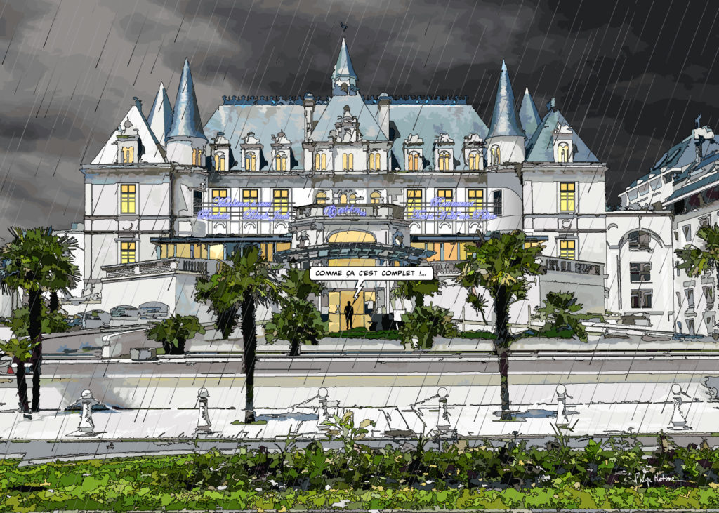 Casino d'Arcachon sous la pluie — art Ligne Claire Bordeaux — Philippe Matine