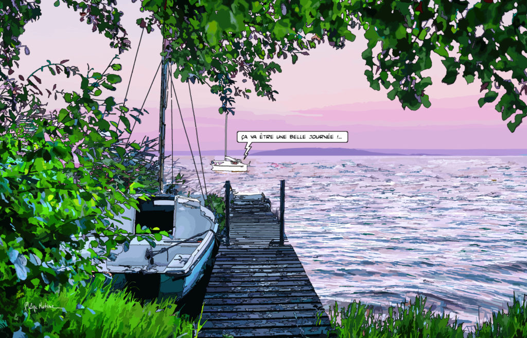 Ponton sur le Bassin d'Arcachon lever de soleil — art Ligne Claire Bordeaux — Philippe Matine