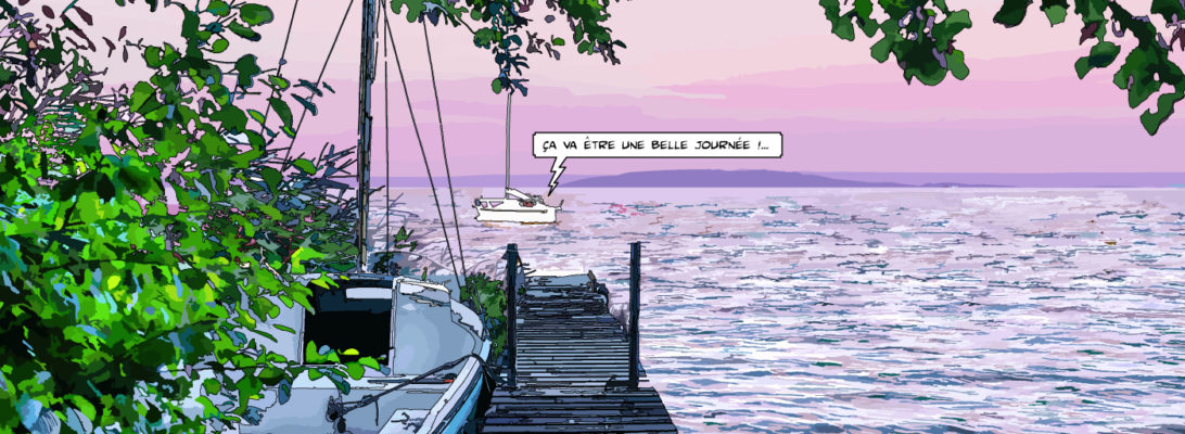 Ponton sur le Bassin d'Arcachon lever de soleil — art Ligne Claire Bordeaux — Philippe Matine