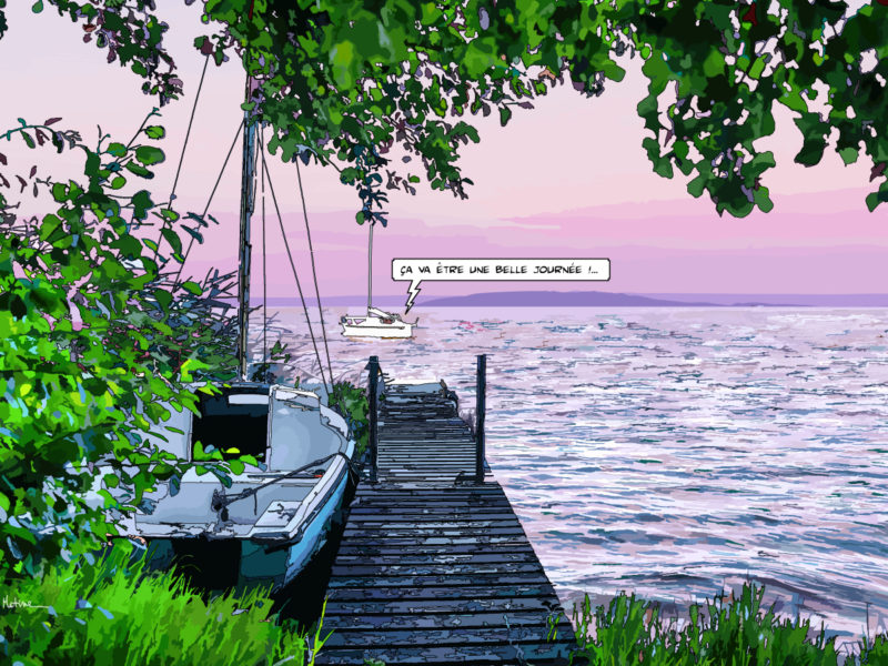 Ponton sur le Bassin d'Arcachon lever de soleil — art Ligne Claire Bordeaux — Philippe Matine