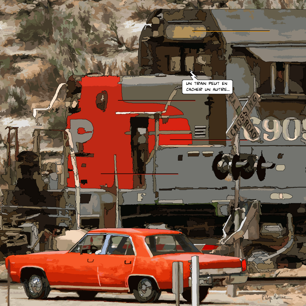 Duel 1971 camion et train — art Ligne Claire Motors — Philippe Matine
