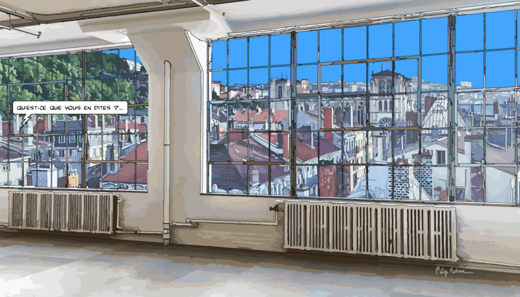 Loft blanc avec vue sur Saint-Jean Lyon — art Ligne Claire Lyon — Philippe Matine