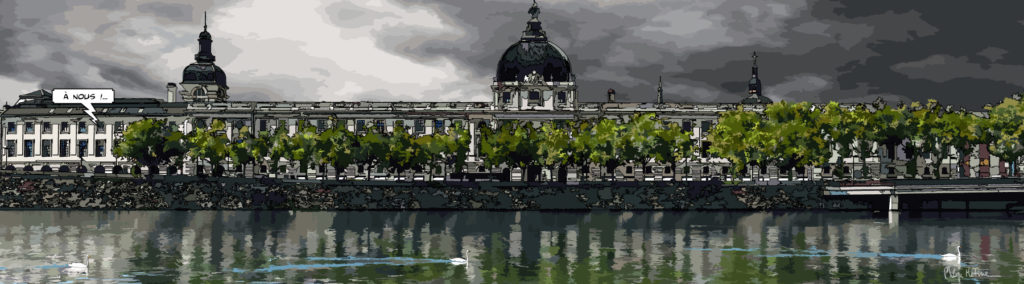 Scène de vie lyonnaise quartier historique — art Ligne Claire Lyon — Philippe Matine