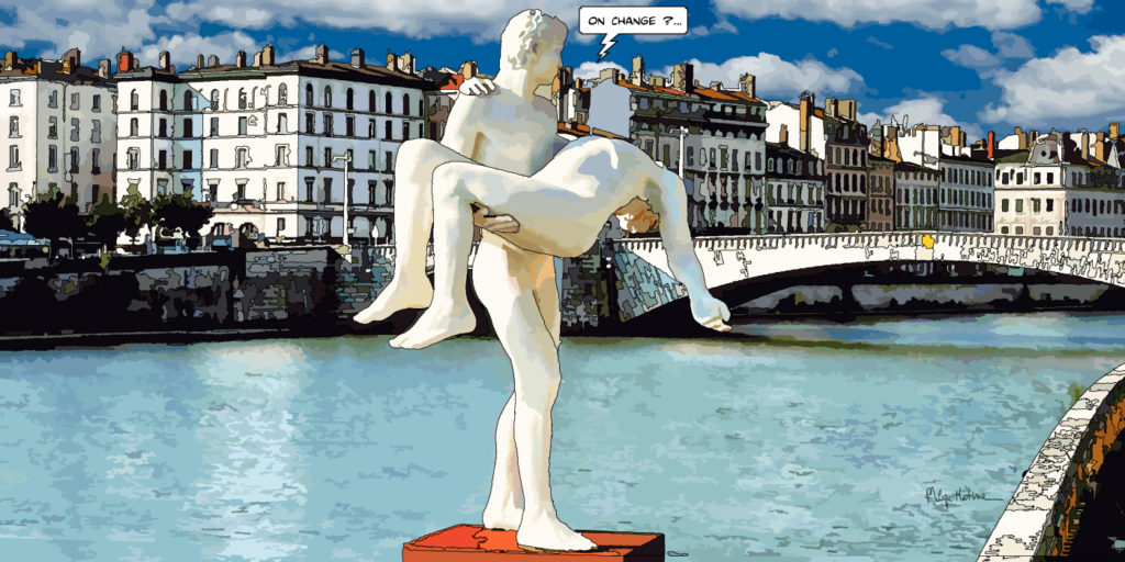 Sculpture le Poids Lyon quais de Saône — art Ligne Claire Lyon — Philippe Matine