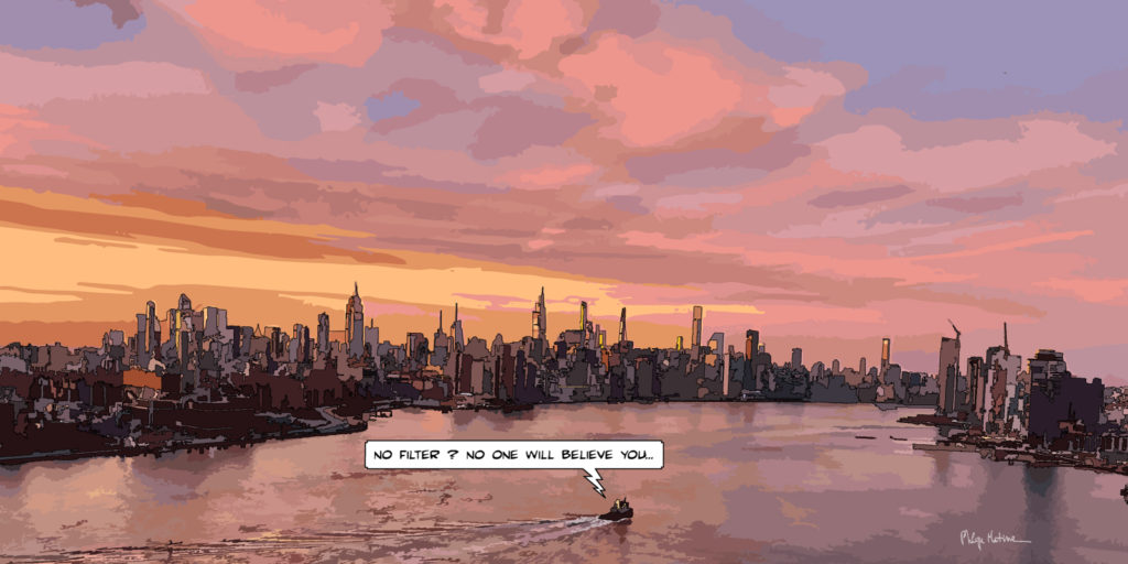 Skyline de New York au coucher du soleil — art Ligne Claire New York — Philippe Matine