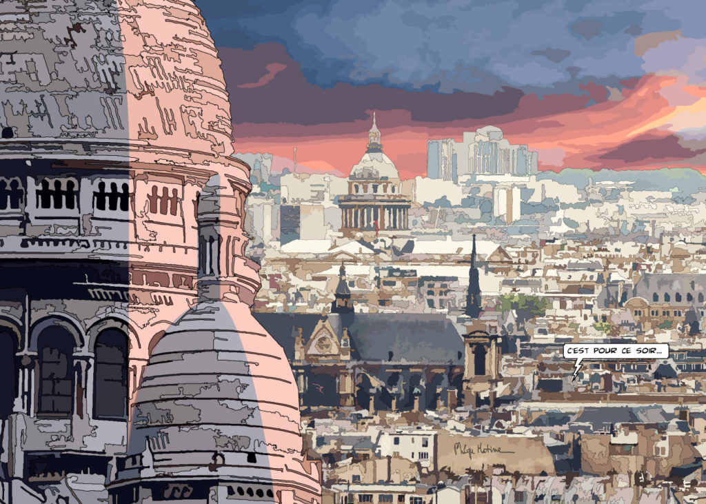 Toits de Montmartre Paris scène de quartier — art Ligne Claire Paris — Philippe Matine