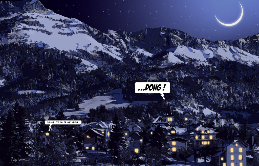 Villard-de-Lans la nuit sous la neige — art Ligne Claire Montagne — Philippe Matine