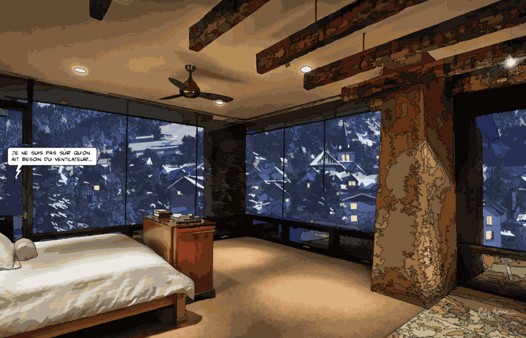 Chalet de montagne intérieur vue sur les sommets — art Ligne Claire Montagne — Philippe Matine