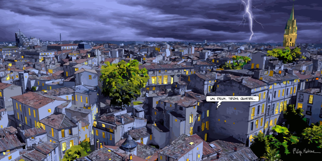 Vue panoramique de Montpellier un soir d'orage— art Ligne Claire Marseille — Philippe Matine