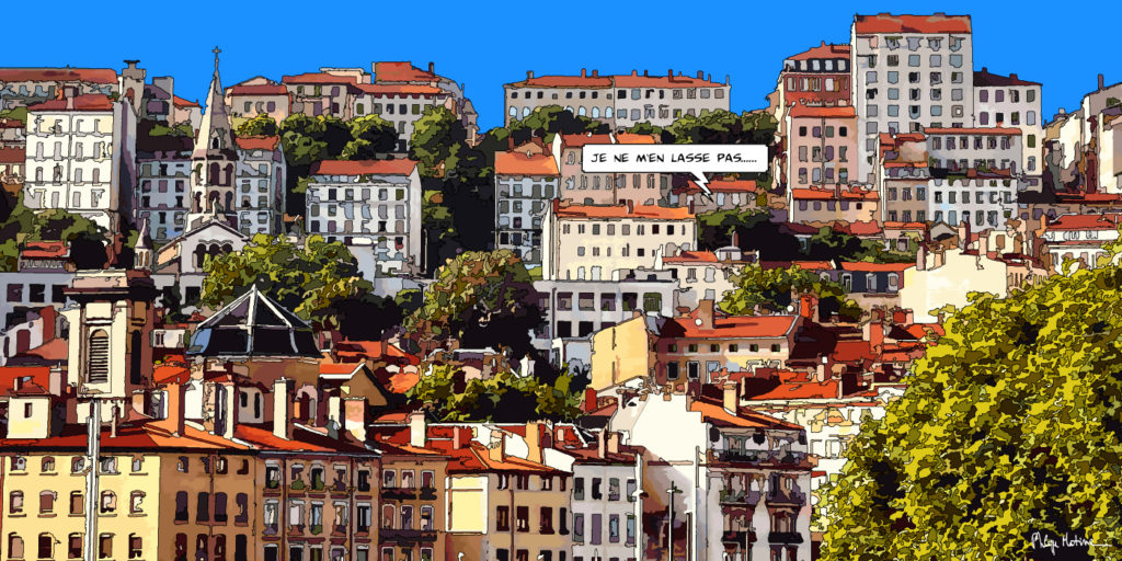Colline de la Croix-Rousse Lyon vue aérienne — art Ligne Claire Lyon — Philippe Matine