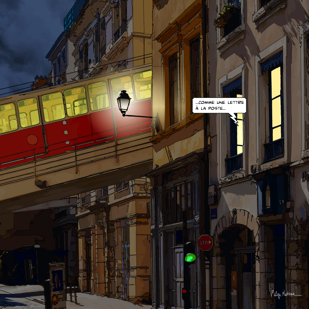 Funiculaire de Lyon montant vers Fourvière — art Ligne Claire Lyon — Philippe Matine