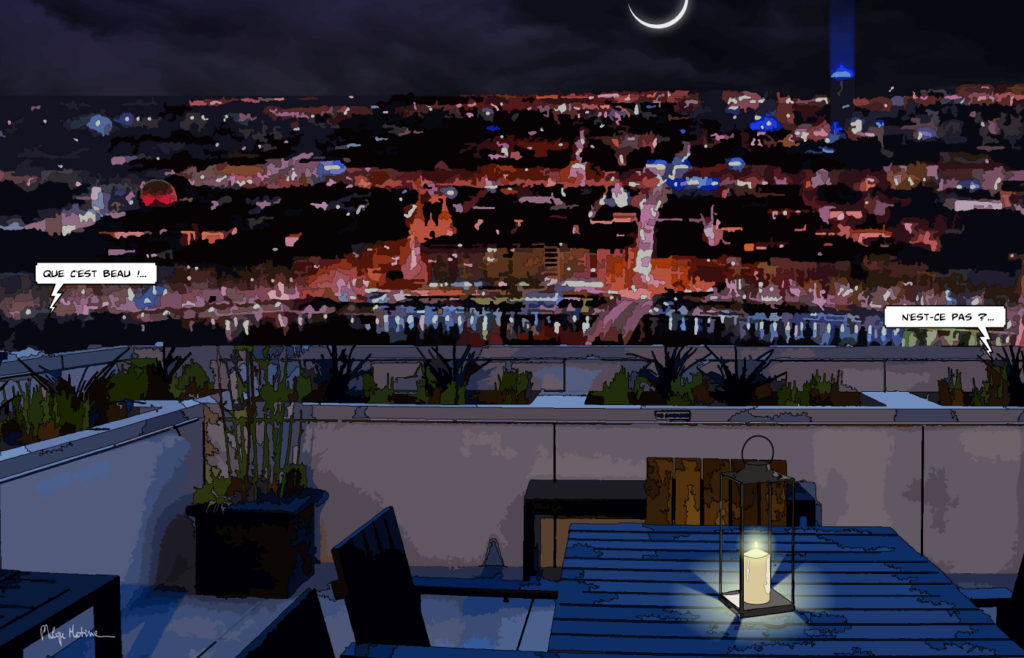Lyon la nuit vue panoramique depuis les hauteurs — art Ligne Claire Lyon — Philippe Matine