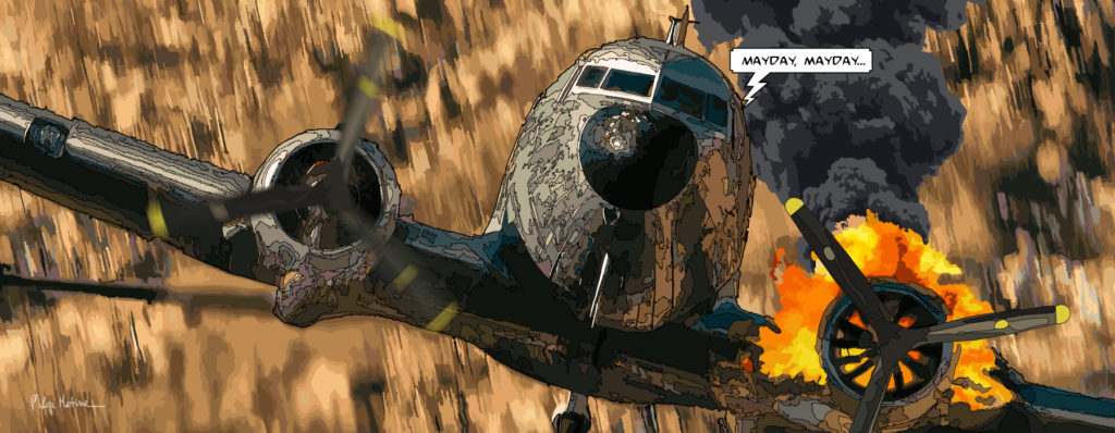 Avion DC en détresse — art Ligne Claire Motors — Philippe Matine