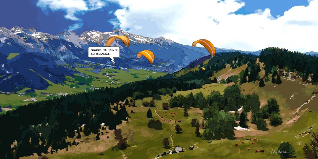 Parapente au-dessus des montagnes verdoyantes — art Ligne Claire Montagne — Philippe Matine