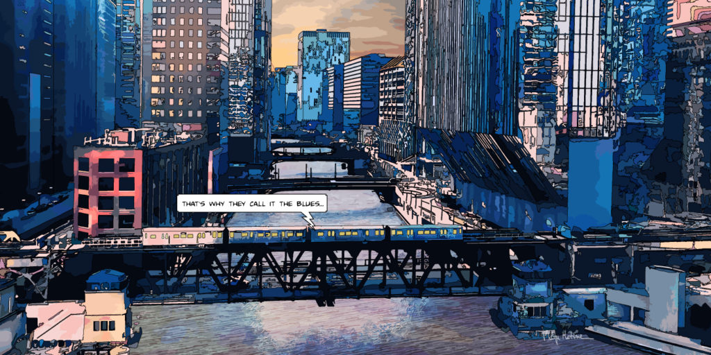 Ponts de Chicago et la rivière — art Ligne Claire Chicago — Philippe Matine