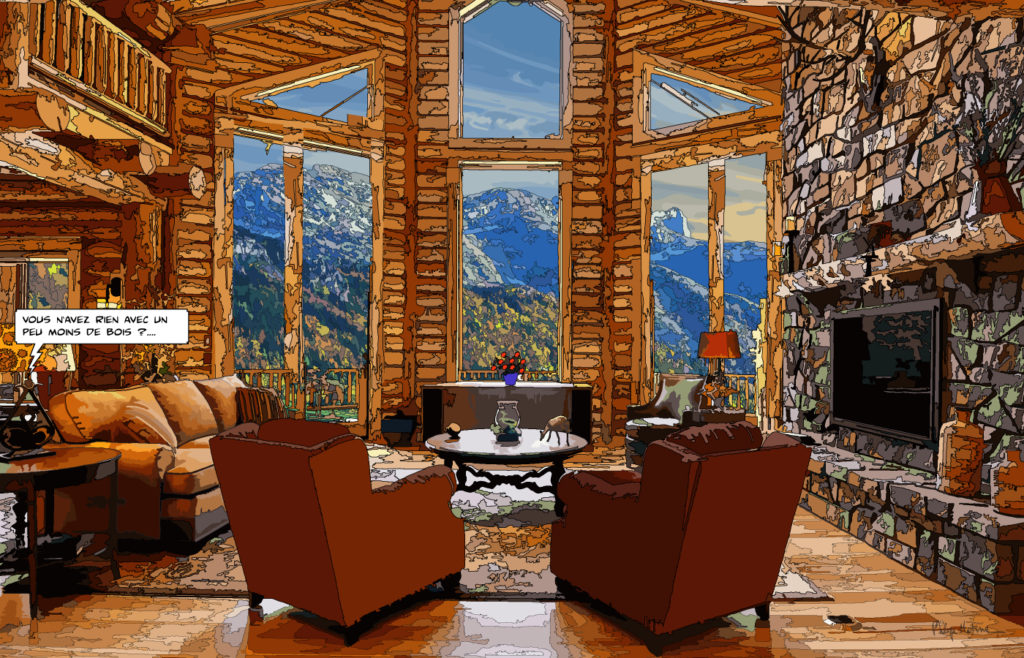 Chalet en bois Vercors intérieur chaleureux — art Ligne Claire Montagne — Philippe Matine