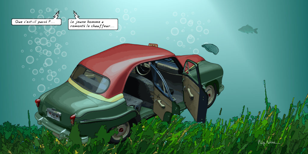 Hommage Simca Aronde coulée taxi Genève— art Ligne Claire Hommages — Philippe Matine