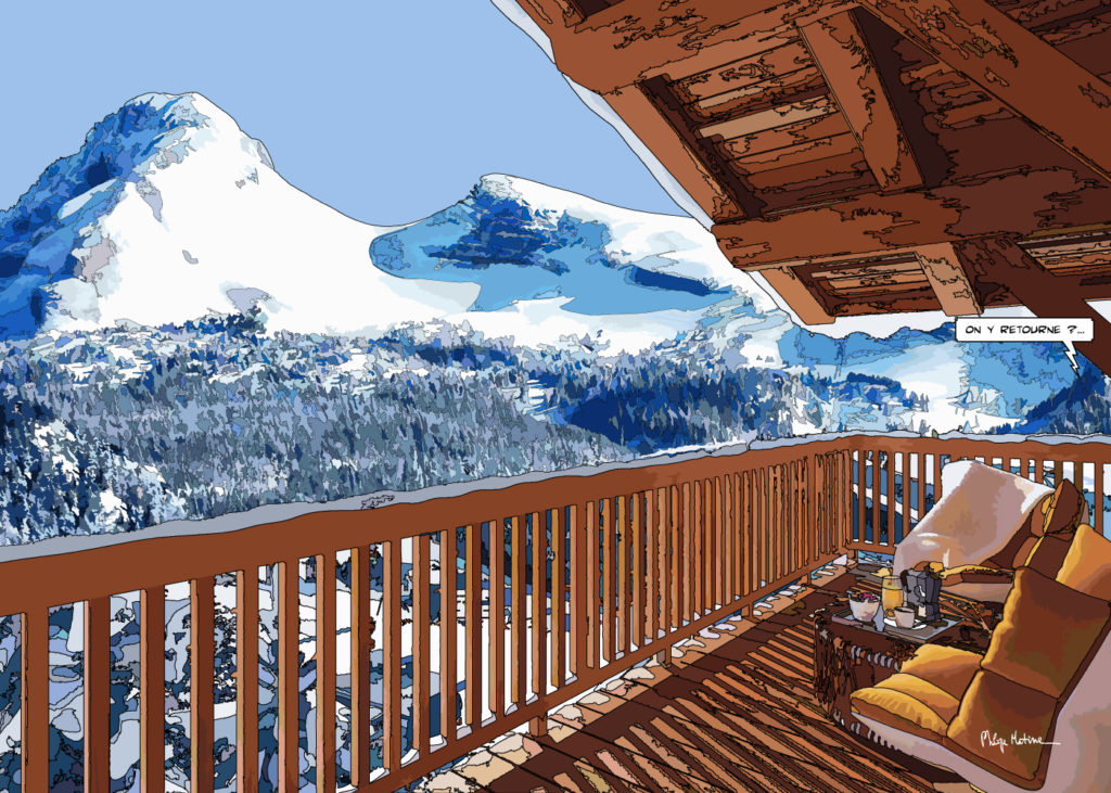 Balcon de chalet Vercors vue sur les montagnes — art Ligne Claire Montagne — Philippe Matine