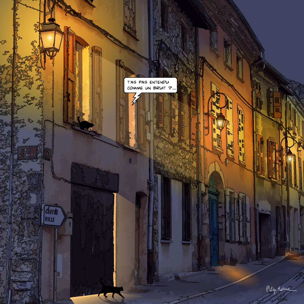 Rue nocturne de Condrieu près de Lyon — art Ligne Claire Lyon — Philippe Matine